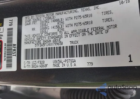 2019 Toyota Tundra Sr5 5.7L V8 из США, поврежденный, VIN 5TFDW5F1XKX799650